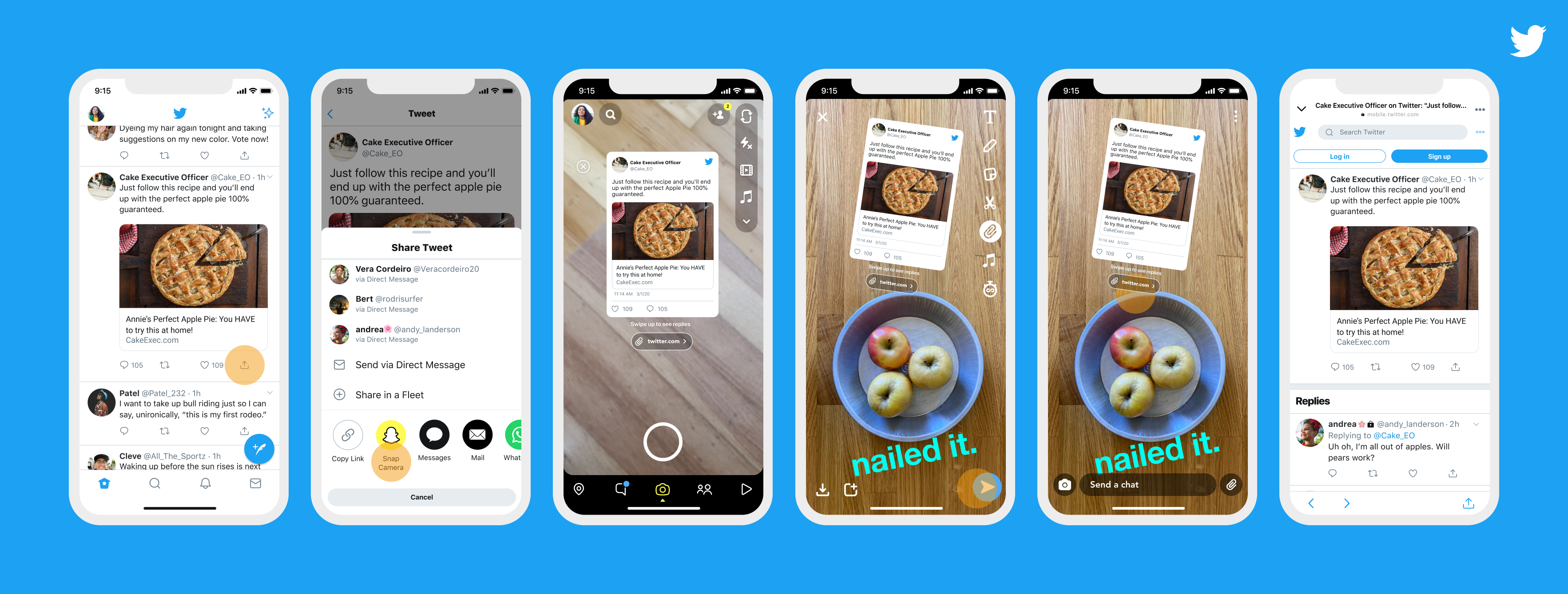 Smartphone Screenshots, die das teilen eines Tweets bei Snapchat erklären.
